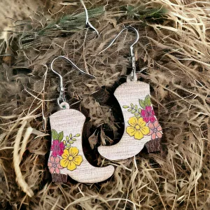 Wooden Floral Cowboy Boot Drop Earrings